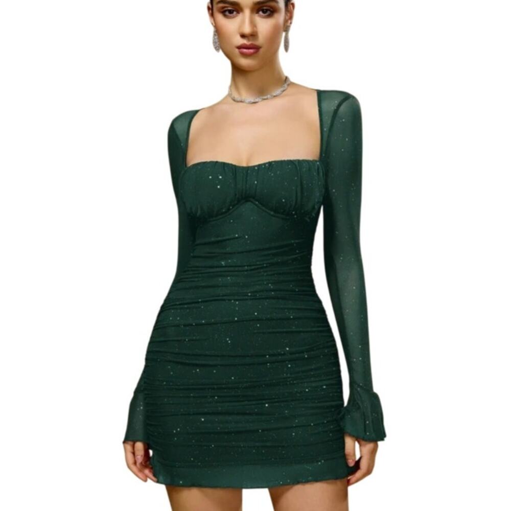 Emerald Green Flounce Sleeve Sparkly Mini Dress L Forest Fairy Mesh Glam Whimsy